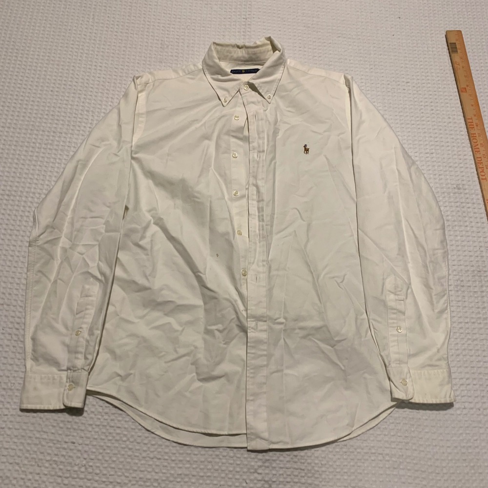 Ralph Lauren Mens White Oxford Button Down Shirt Long Sleeve Logo Large